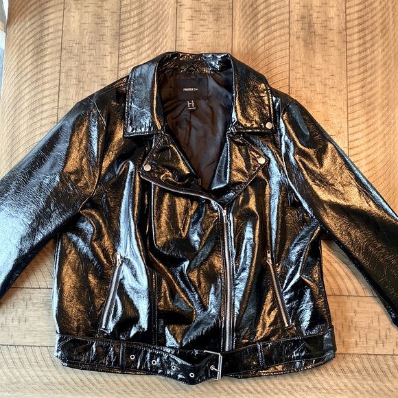 Forever 21 Jackets & Blazers - Forever 21+ Faux Leather Black Jacket Size 3x shiny Moto Jacket and Raincoat